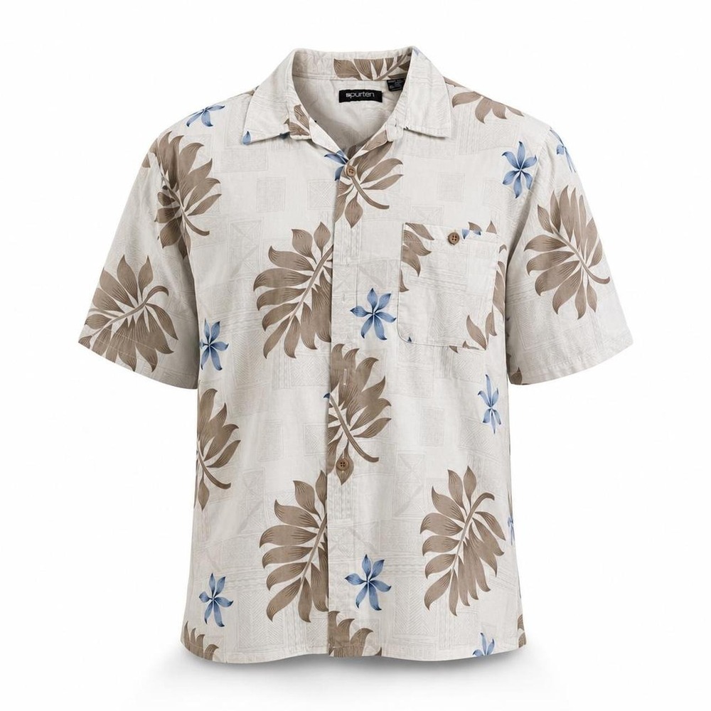 Puritan Hawaiian Aloha Shirt Cream Palm Floral Size Large